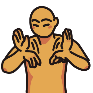 a yellow figure from the waist up, flapping their hands up and down at the wrist, with an expression that could be interpreted as both excited or upset.